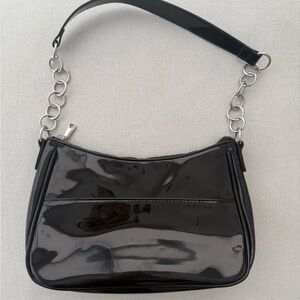Black Faux Patent Leather Shoulder Bag – Silver Chain Detail